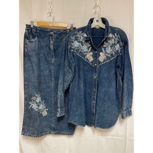 80s–90s "Tarado" Embroidered Beaded Denim 2-Piece Set Western Rodeo Size L